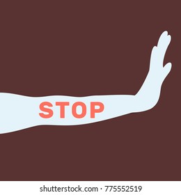 Hand Stretched, Stops, Side View, Text Stop, Vector Illustration Flat, Dark, Red, White, Silhouette, Harassment, Stop, Sexual