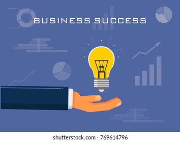 Hand stretches a light bulb. Concept illustration. Successful business solution. On the background, growth and profit graphs. Infographic