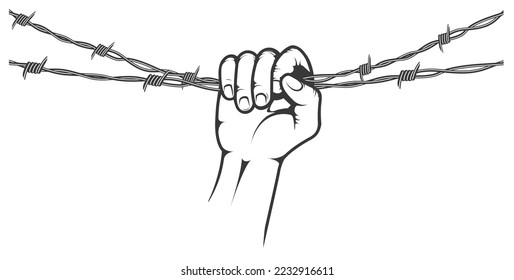 Alambre de púas de estiramiento de mano, encarcelamiento, puño con bloqueo, preso, gravamen o concepto de deuda, vector 