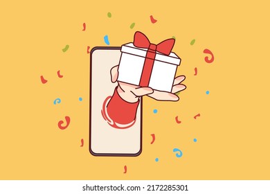 Hand stretching from cellular make surprise with bonus giftbox. Getting present from smartphone application. Concept of online marketing sales, shopping deal. Vector illustration. 
