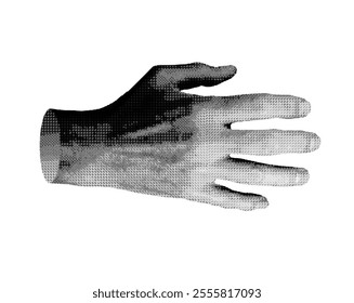 Hand stretching, fingers apart gesture, isolated on white background. Halftone dotted retro style vector