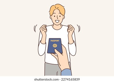 Hand stretching passport to excited man. Officer give identity document to happy male citizen. Citizenship and visa concept. Vector illustration. 