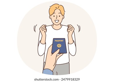 Hand stretching passport to excited man. Officer give identity document to happy male citizen. Citizenship and visa concept. Vector illustration.