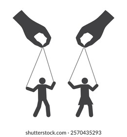 hand with string rope manipulate people person man and woman doll icon