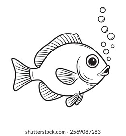 Hand Stroke Drawn Outline Fish Icon with Bubbles Vector Template for Coloring, Aquatic and Marine Life Designs with Minimalist Line Art for Creative Projects