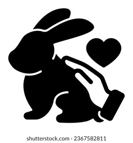 Hand stroking rabbit and heart, animals care solid icon, pets care concept, love bunny vector sign on white background, glyph style icon for mobile concept and web design. Vector graphics