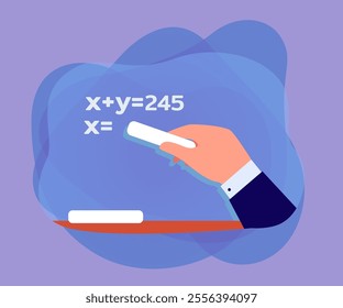 Hand of student holding chalk and solving equation. Person writing on blackboard flat vector illustration. Education, math concept for banner, website design or landing web page