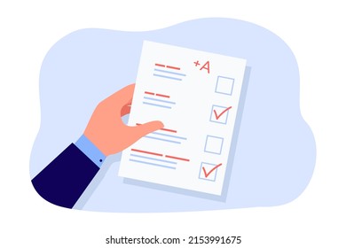 Hand of student holding test or exam paper with excellent mark. Sheet of paper with checkboxes and checks flat vector illustration. Education, success concept for banner or landing web page