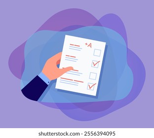 Hand of student holding test or exam paper with excellent mark. Sheet of paper with checkboxes and checks flat vector illustration. Education, success concept for banner or landing web page