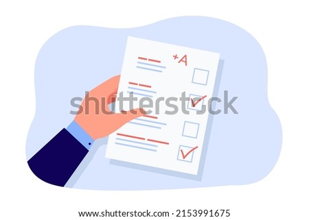 Hand of student holding test or exam paper with excellent mark. Sheet of paper with checkboxes and checks flat vector illustration. Education, success concept for banner or landing web page