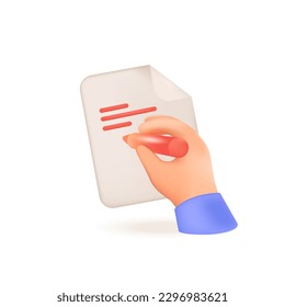 Hand of student writing with pencil on paper 3D illustration. Cartoon drawing of hand holding writing tool, document or test paper in 3D style on white background. Education concept