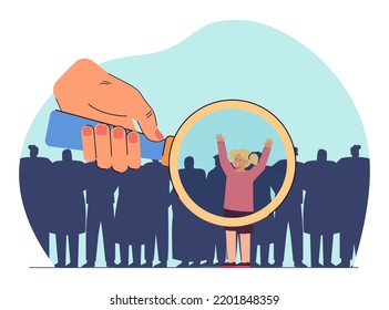 Hand studying girl under magnifier among crowd. Person searching for or adopting child flat vector illustration. Childhood, adoption, family concept for banner, website design or landing web page