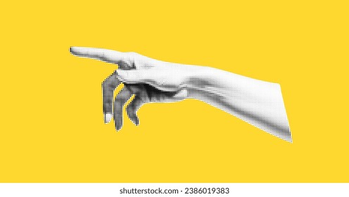 Hand in the style of a renaissance painting. Reaches upward with a finger. Collage element in halftone effect. Pop art illustration on bright yellow background. Vector png. 