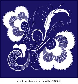 Hand  style. Vector. Decorative bird. White blue pattern.