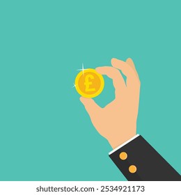 Hand in a suit holding a gold Pound coin. Concept of money, finance or wealth. Vector illustration in flat style