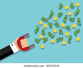 hand in a suit holding a magnet and a magnet flying money and coins

