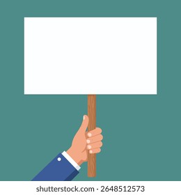 A hand in a suit holds a blank white sign on a wooden stick, which can be used for protests or advertising.