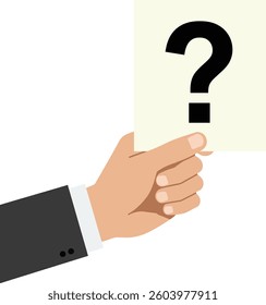 A hand in a suit holds a card with a prominent question mark, symbolizing inquiry and curiosity in a clean, minimalistic design.