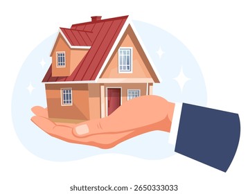 Hand in suit holds house in palm offering to buy or rent. Mansion selling. Residential building purchase. Loan or mortgage apartment. Realtor agent arms. Rental property