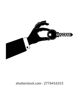 A hand in a suit holds a key labeled success, symbolizing achievement and goal attainment in business.