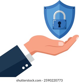 A hand in a suit holds a shield featuring a padlock, symbolizing security and protection in a modern, minimal design.