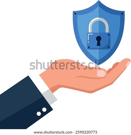 A hand in a suit holds a shield featuring a padlock, symbolizing security and protection in a modern, minimal design.