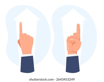 Mão em terno aponta para cima com o dedo indicador. Empresário levantando indicador. Homem aparecendo ou mirando. Seta de movimento. Gesto do braço humano. Direção do caminho. Indicando gesticulação. Conceito de vetor