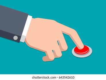 A hand in suit pressing red button, Isolated flat design style on blue background. Vector illustration.