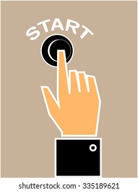 Hand in a suit sleeve with the index finger pressing a button with the word start above it in white text