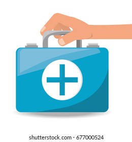 hand with suitcase first aid kit with medical tools