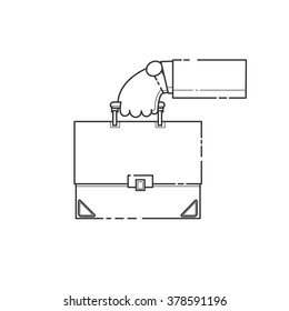 Hand with a suitcase of money or securities. line art vector illustration