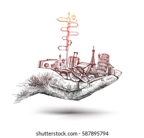 Hand with Summer vacation and travel, things for the holiday, Hand Drawn Sketch Vector illustration. 