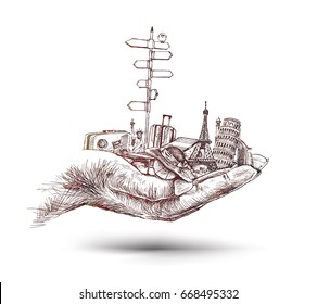 Hand with Summer vacation and travel, things for the holiday, Hand Drawn Sketch Vector illustration. 