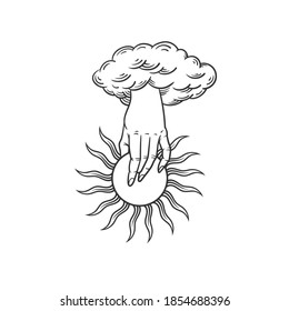 A hand and a sun. Can be used as a sketch of a tattoo.