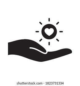 Hand und Sonne mit Herzsymbol auf weißem Hintergrund, Silhouette-Stil, Vektorgrafik