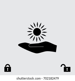 Hand and sun icon, sunshine vector illustration