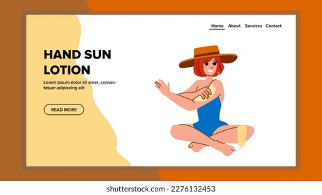 hand sun lotion vector. cream sunscreen, care skin, skincare tan, body beauty woman hand sun lotion web flat cartoon illustration