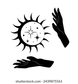 Mano con sol, luna y estrellas. Símbolo abstracto para cosméticos y envases, joyería, logotipo, tatuaje. Esotérico.
