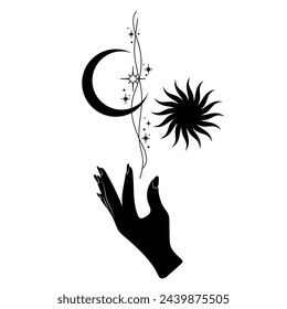 Hand with sun, moon and stars. Esoteric. Abstract symbol for cosmetics and packaging, jewelry, logo, tattoo. 

