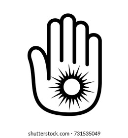 Hand Sun Shining Palm Open Logo Icon. Outline Illustration Of Hand Open Palm With Sun Shining Number Open Vector Illustration For Print Or Web Design.