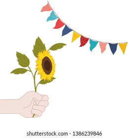 hand with sunflower isolated icon