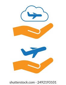 Hand support care plane fly in cloud icon set
