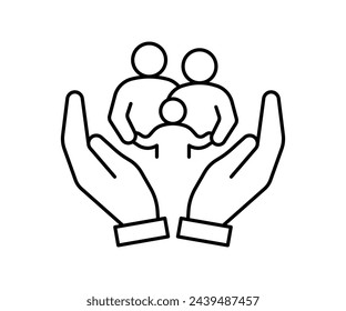 Hand support family community, kinship line icon. Care, protection, help parents and children in family. Generational connection, family research, genealogy. Volunteer support. Vector outline