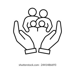 Hand support family community, kinship line icon. Care, protection, help parents and children in family. Generational connection, family research, genealogy. Volunteer support. Vector outline