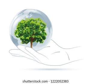 Hand support green ecology with tree