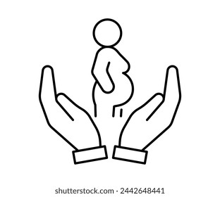 Hand support pregnant woman with belly, line icon. Care, protection, help pregnancy. Prenatal period, volunteer support. Vector outline illustration