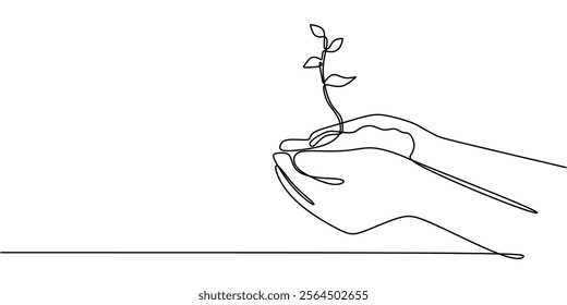 Hand supporting a growing plant in continuous line drawing. A symbol of care, nurturing, and encouraging growth. Vector illustration one line art minimalist.