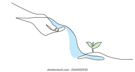 Hand supporting a growing plant in continuous line drawing. A metaphor for nurturing, care, and fostering growth and potential. Vector illustration one line art minimalist.