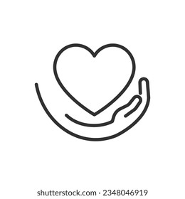 The hand supports the heart, linear icon. Preserving and protecting life and love. Line with editable stroke