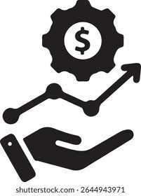 A hand supports an upward trending line graph beneath a gear with a dollar sign.